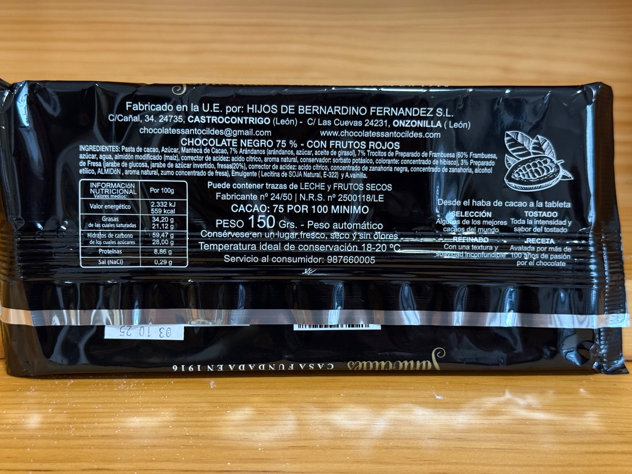 Chocolate Negro con Frutos Rojos 75% Cacao Santocildes - Imagen 2