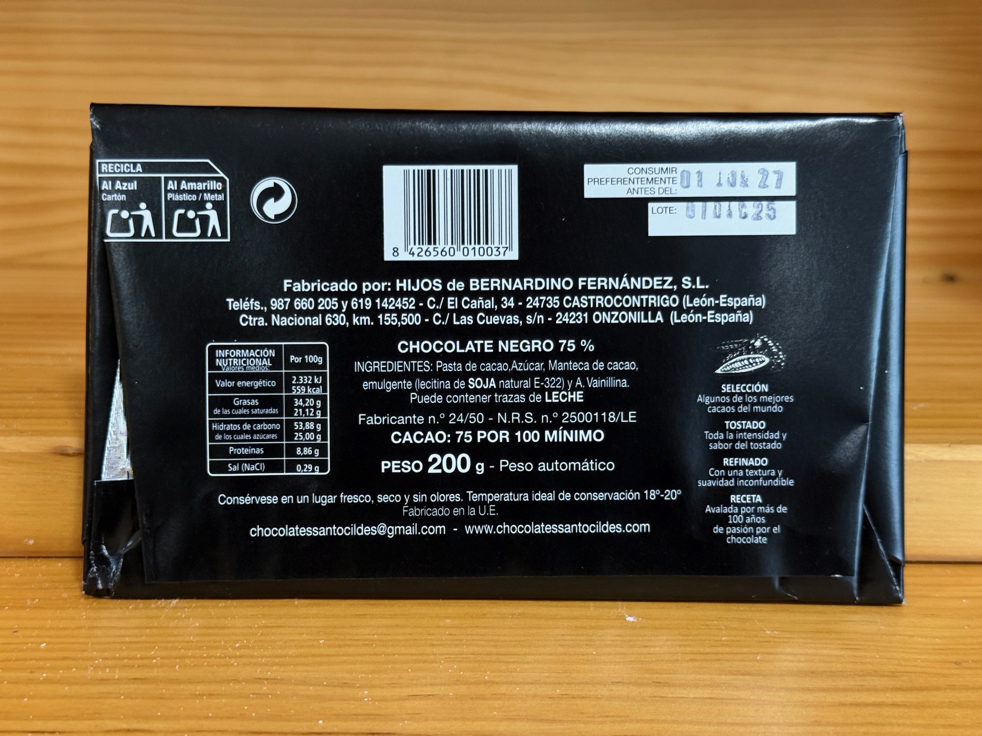 Chocolate Negro 75% Cacao Santocildes - Imagen 2